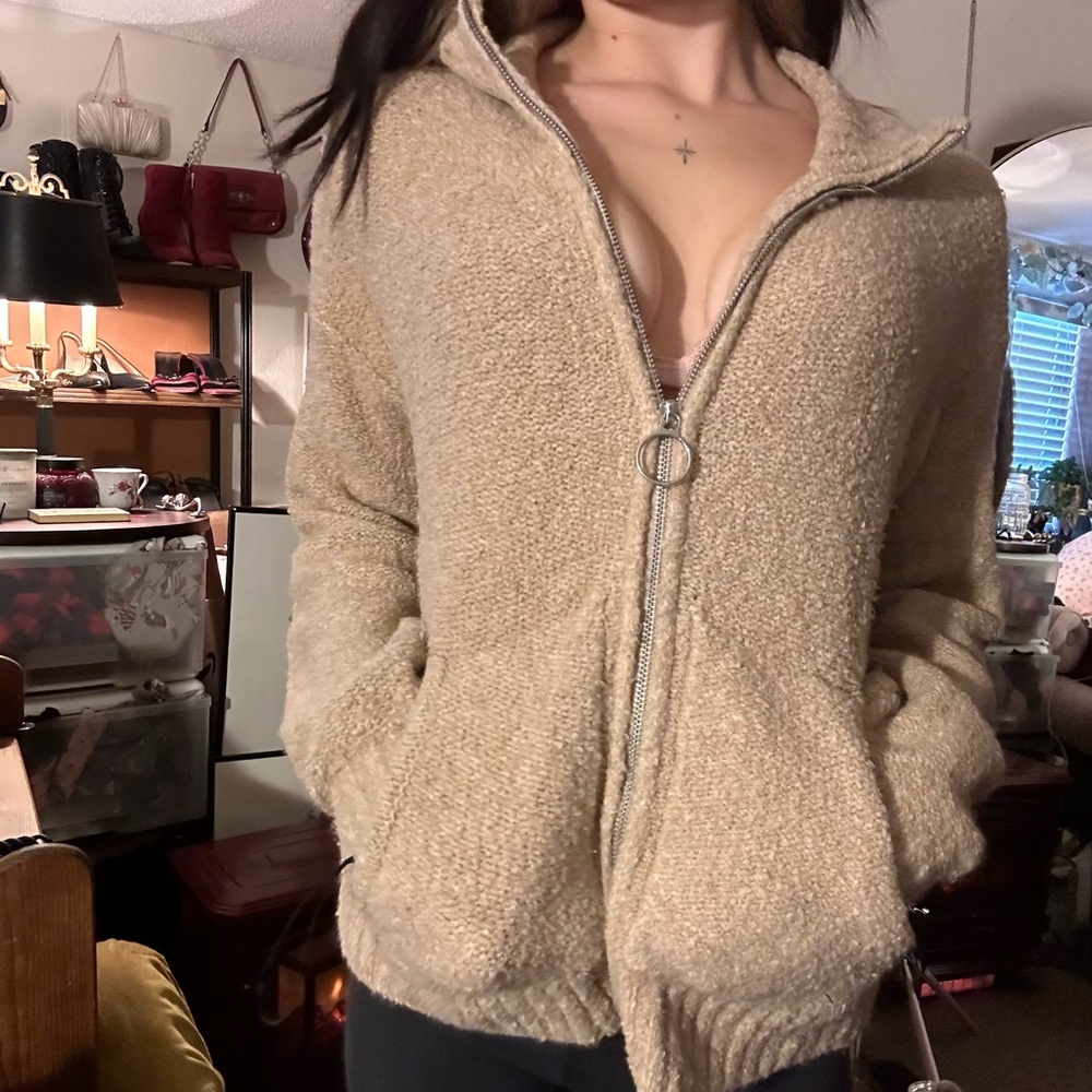 cozy tan zip up sweater